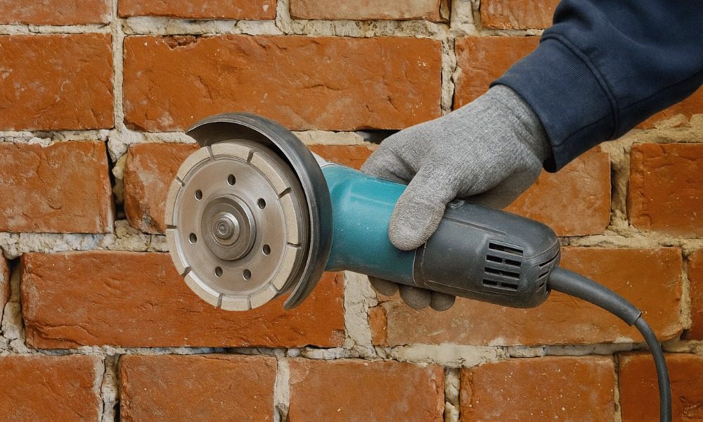 Kapotte voegen buitenmuur uitslijpen met voegenfrees